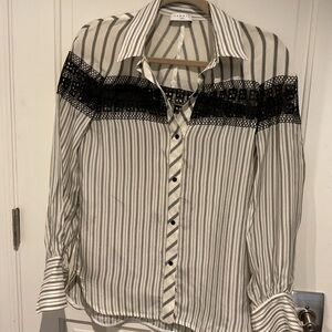 Sandro Ivory and Black Striped Button-Down with Lace Trim